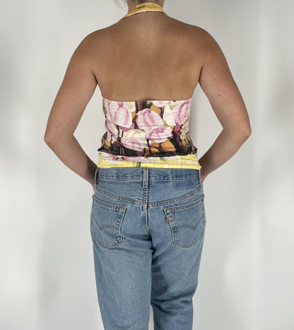 Made in Italy Vintage Floral Halter Top with Pink Tulip Print