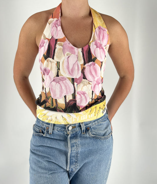 Made in Italy Vintage Floral Halter Top with Pink Tulip Print