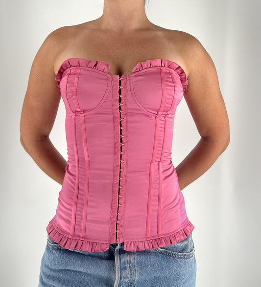Made in Italy Vintage Y2K Pink Satin Corset Top with Ruffle Trim
