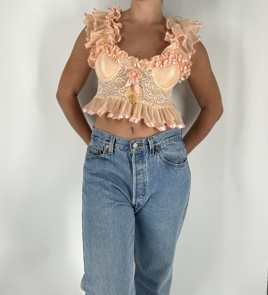Peach Lace Ruffle Corset Top – Y2K Romantic