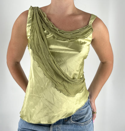 100% Silk Vintage Lime Green Satin Drape Tank – 90s Evening Top