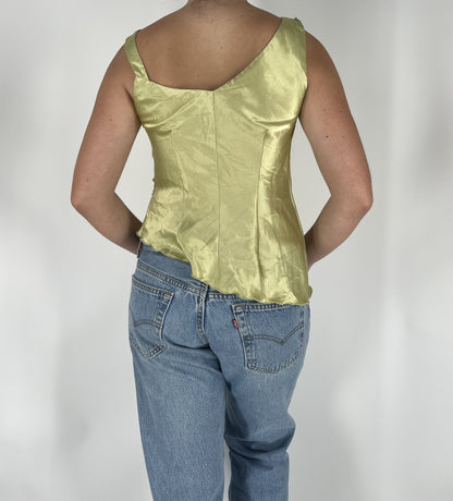 100% Silk Vintage Lime Green Satin Drape Tank – 90s Evening Top