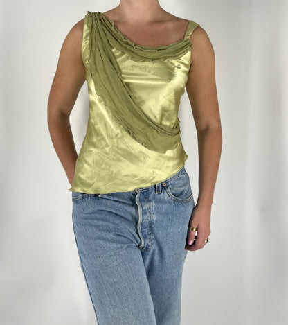 100% Silk Vintage Lime Green Satin Drape Tank – 90s Evening Top