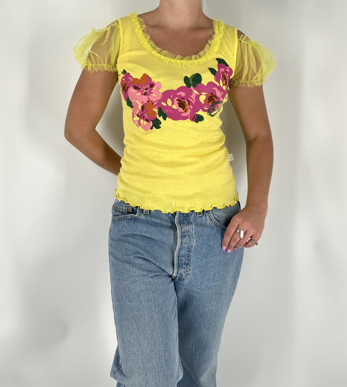Blugirl by Blumarine Y2K Yellow Floral Mesh Sleeve Top