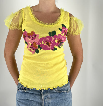 Blugirl by Blumarine Y2K Yellow Floral Mesh Sleeve Top