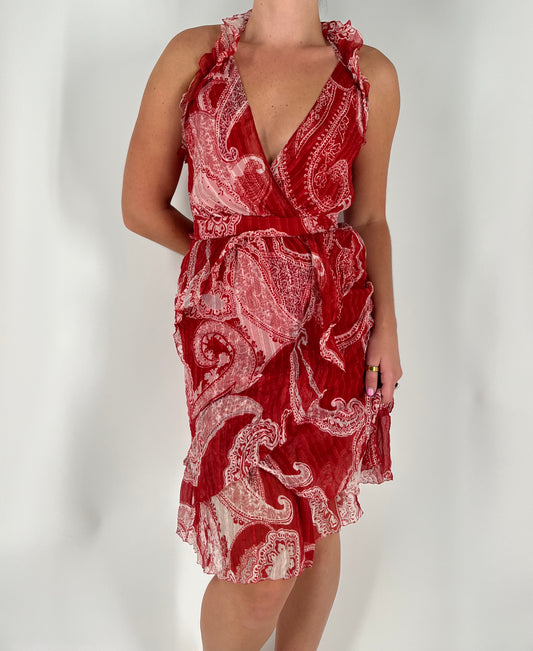 100% Silk Paisley Print Ruffle Dress