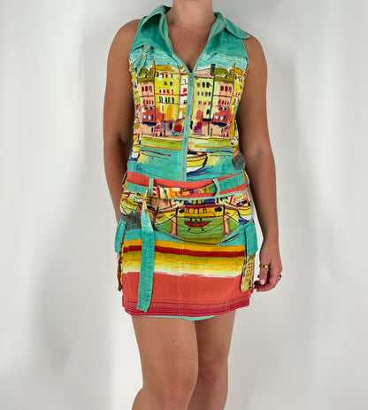 Rare Rene Derhy Cargo Dress with European Watercolor Print