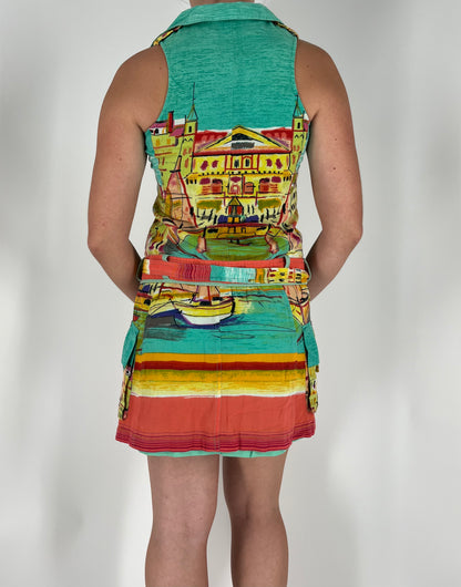 Rare Rene Derhy Cargo Dress with European Watercolor Print