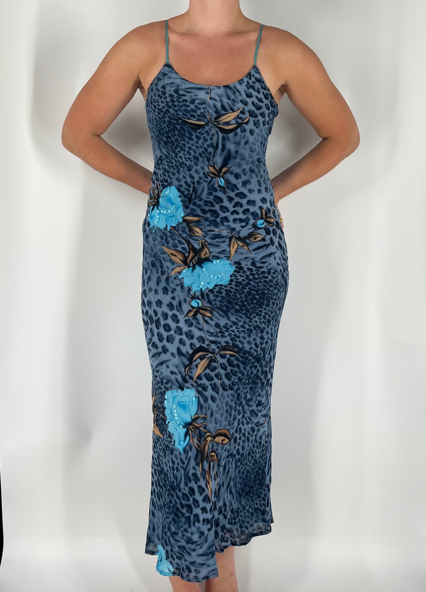100% Silk Made In Italy Blue Cheetah Maxi Dress