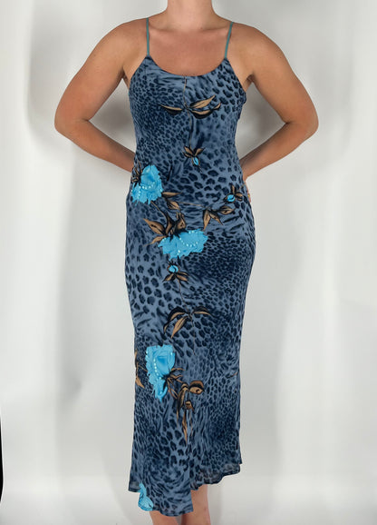 100% Silk Made In Italy Blue Cheetah Maxi Dress