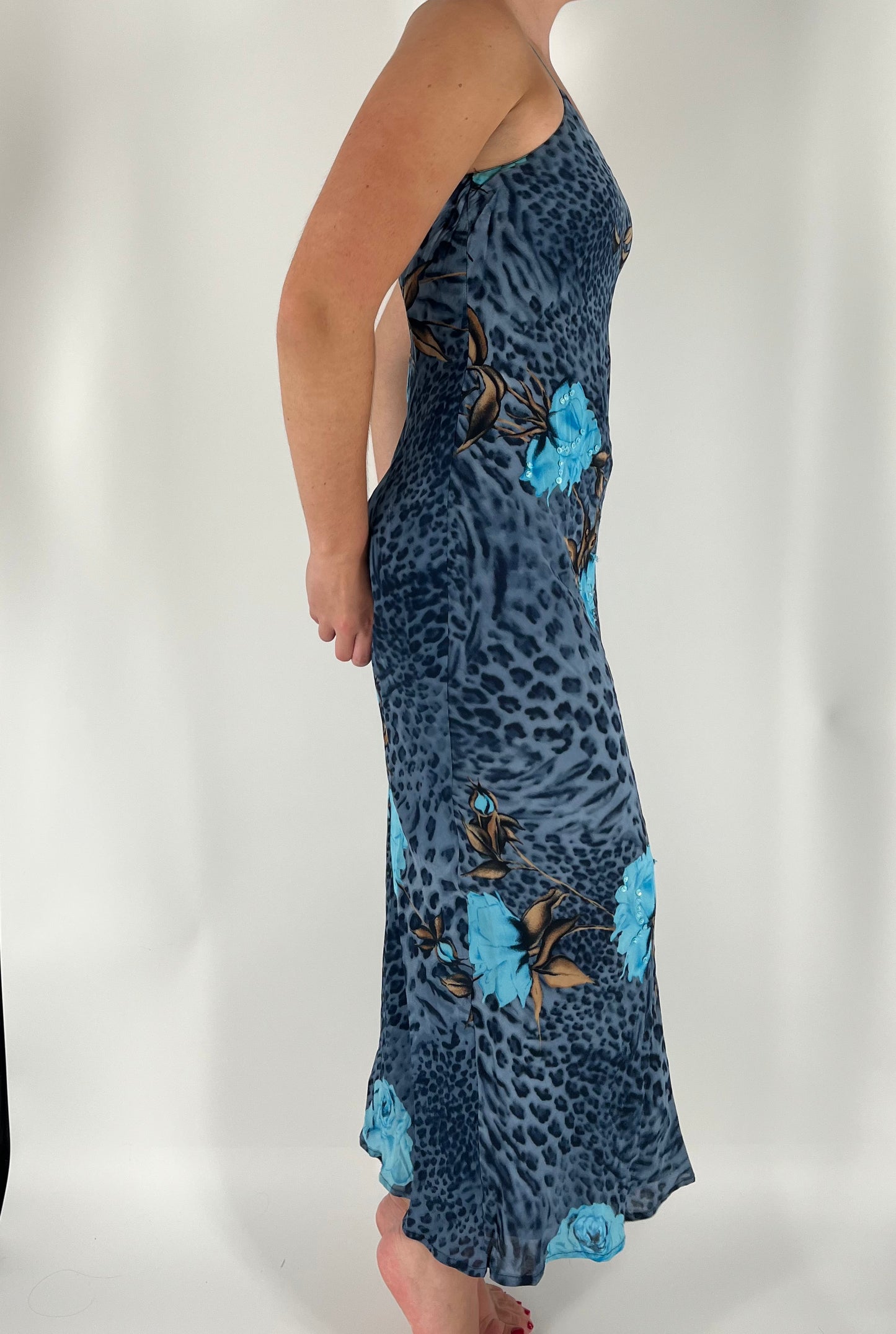100% Silk Made In Italy Blue Cheetah Maxi Dress