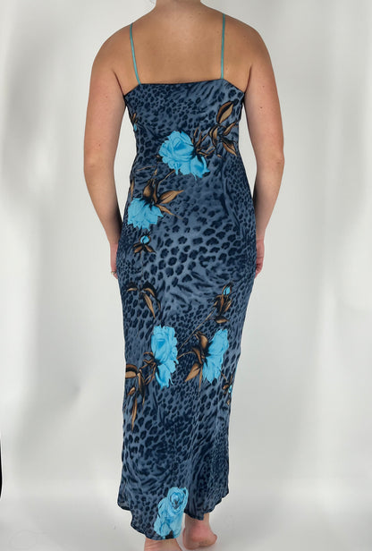 100% Silk Made In Italy Blue Cheetah Maxi Dress